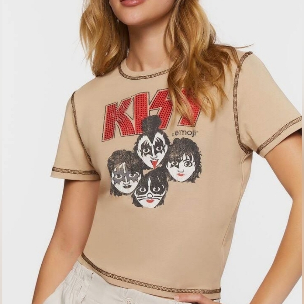 Forever 21 Knit KISS Baby Tee Rhinestone Embellished